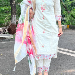 Women's Chanderi Embroidered Kurta Pant & Digital Print Dupatta Set