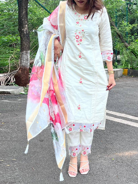 Women's Chanderi Embroidered Kurta Pant & Digital Print Dupatta Set