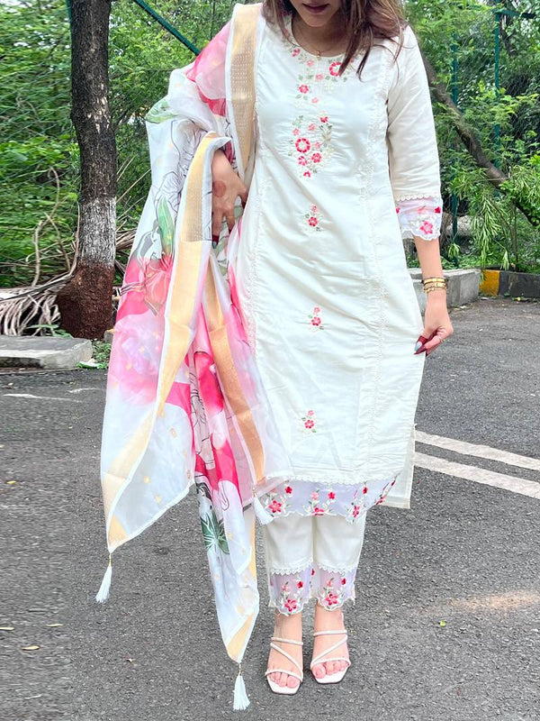 Women's Chanderi Embroidered Kurta Pant & Digital Print Dupatta Set