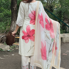 Women's Chanderi Embroidered Kurta Pant & Digital Print Dupatta Set