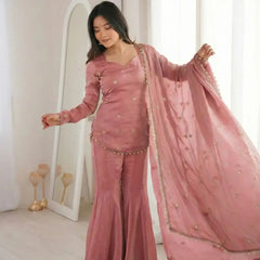 Women's Embroidered Fandy Silk Short Kurta With Pant & Dupatta Set