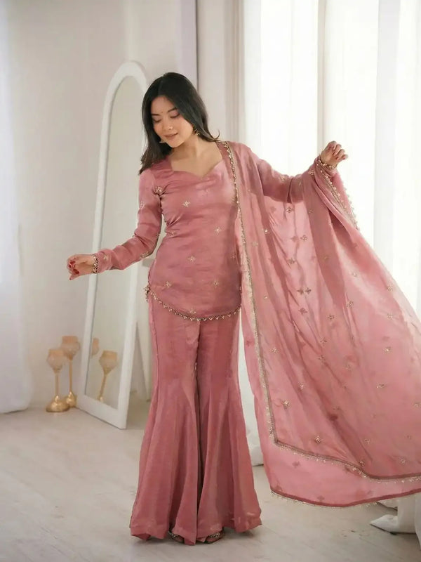 Women's Embroidered Fandy Silk Short Kurta With Pant & Dupatta Set