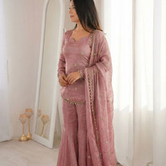 Women's Embroidered Fandy Silk Short Kurta With Pant & Dupatta Set