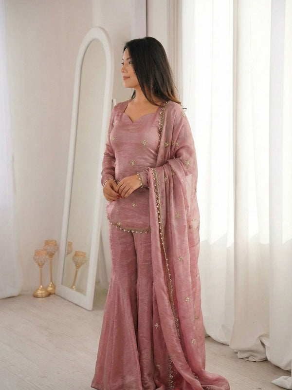 Women's Embroidered Fandy Silk Short Kurta With Pant & Dupatta Set