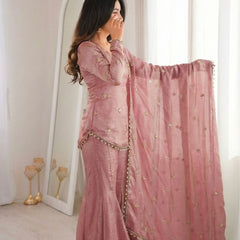 Women's Embroidered Fandy Silk Short Kurta With Pant & Dupatta Set