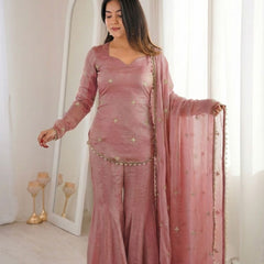 Women's Embroidered Fandy Silk Short Kurta With Pant & Dupatta Set