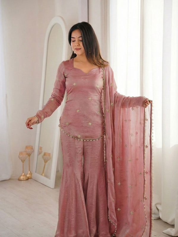 Women's Embroidered Fandy Silk Short Kurta With Pant & Dupatta Set