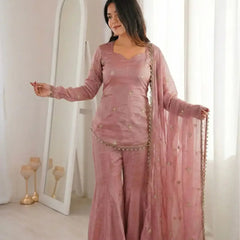 Women's Embroidered Fandy Silk Short Kurta With Pant & Dupatta Set