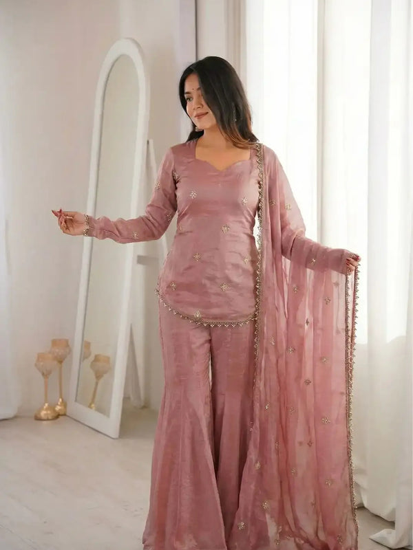 Women's Embroidered Fandy Silk Short Kurta With Pant & Dupatta Set