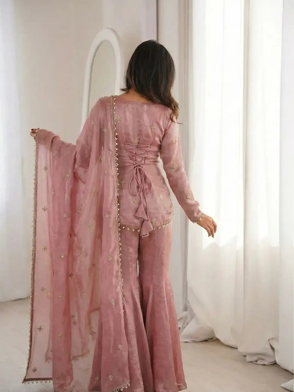 Women's Embroidered Fandy Silk Short Kurta With Pant & Dupatta Set
