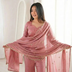 Women's Embroidered Fandy Silk Short Kurta With Pant & Dupatta Set