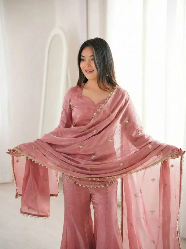 Women's Embroidered Fandy Silk Short Kurta With Pant & Dupatta Set