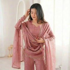 Women's Embroidered Fandy Silk Short Kurta With Pant & Dupatta Set