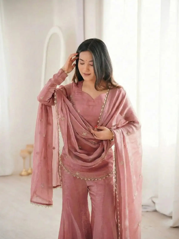 Women's Embroidered Fandy Silk Short Kurta With Pant & Dupatta Set