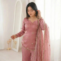Women's Embroidered Fandy Silk Short Kurta With Pant & Dupatta Set