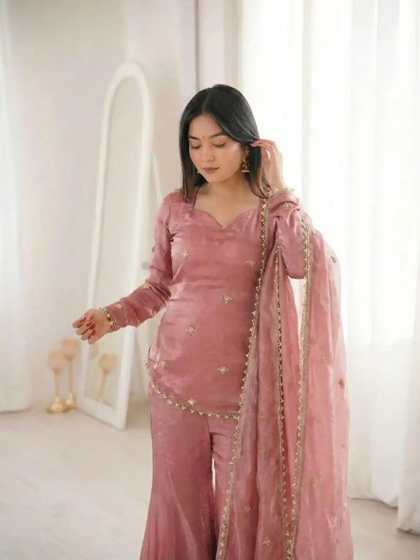 Women's Embroidered Fandy Silk Short Kurta With Pant & Dupatta Set