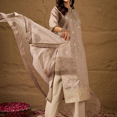 Women's Silk Blend Kurta With Pant & Net Dupatta Set