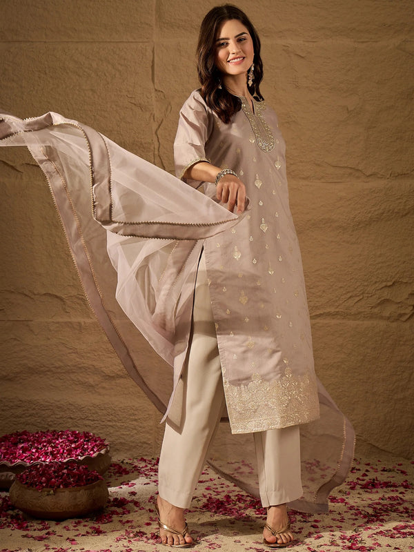 Women's Silk Blend Kurta With Pant & Net Dupatta Set