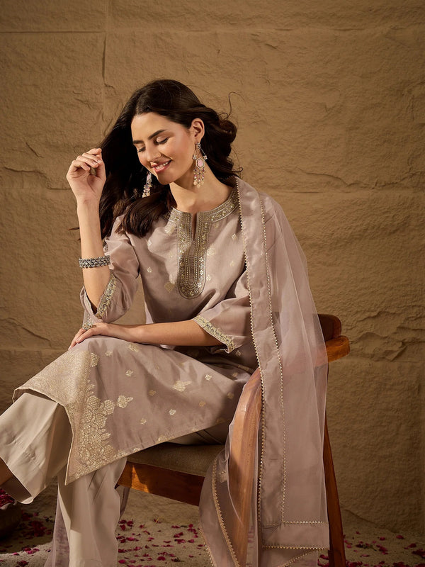 Women's Silk Blend Kurta With Pant & Net Dupatta Set