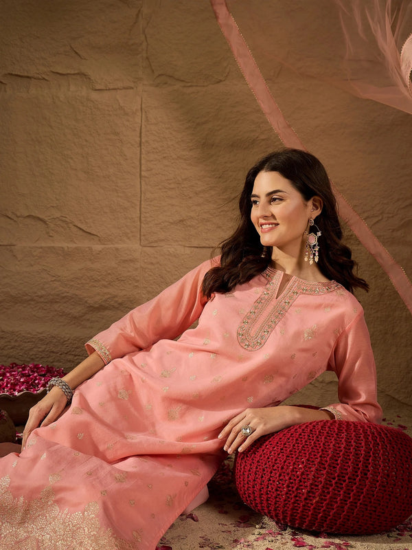 Women's Silk Blend Kurta With Pant & Net Dupatta Set