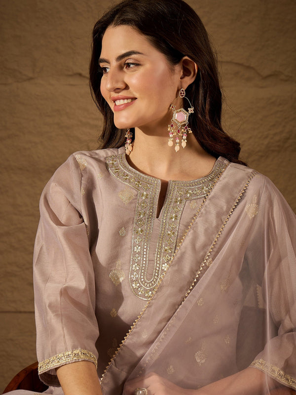 Women's Silk Blend Kurta With Pant & Net Dupatta Set