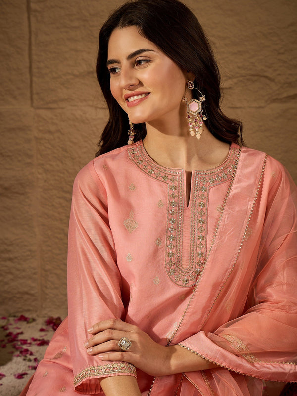 Women's Silk Blend Kurta With Pant & Net Dupatta Set
