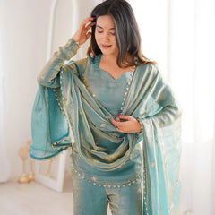 Women's Embroidered Fandy Silk Short Kurta With Pant & Dupatta Set