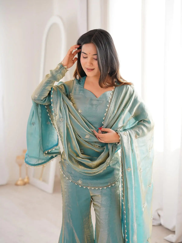 Women's Embroidered Fandy Silk Short Kurta With Pant & Dupatta Set