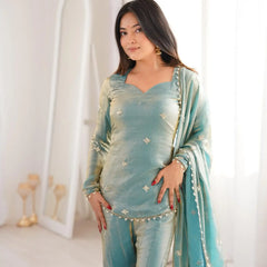 Women's Embroidered Fandy Silk Short Kurta With Pant & Dupatta Set