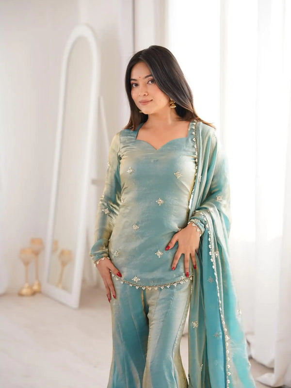 Women's Embroidered Fandy Silk Short Kurta With Pant & Dupatta Set