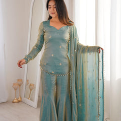 Women's Embroidered Fandy Silk Short Kurta With Pant & Dupatta Set