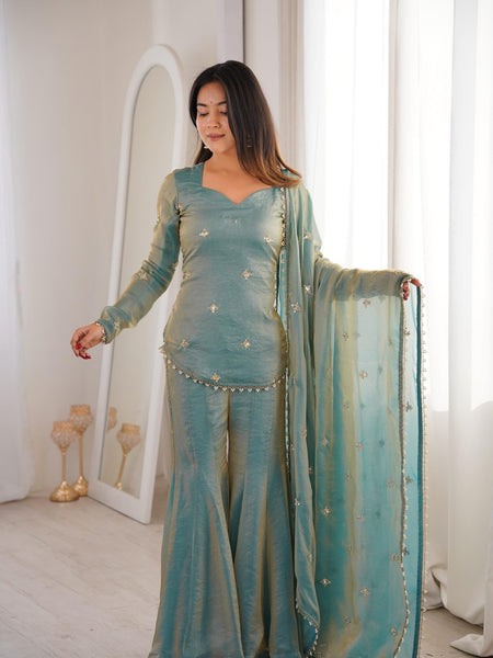 Women's Embroidered Fandy Silk Short Kurta With Pant & Dupatta Set