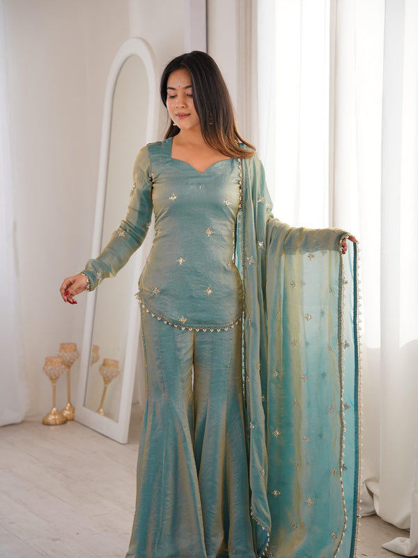 Women's Embroidered Fandy Silk Short Kurta With Pant & Dupatta Set