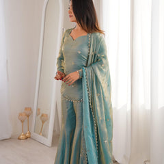 Women's Embroidered Fandy Silk Short Kurta With Pant & Dupatta Set