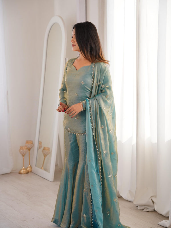 Women's Embroidered Fandy Silk Short Kurta With Pant & Dupatta Set