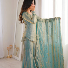 Women's Embroidered Fandy Silk Short Kurta With Pant & Dupatta Set