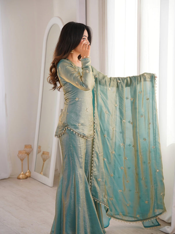 Women's Embroidered Fandy Silk Short Kurta With Pant & Dupatta Set