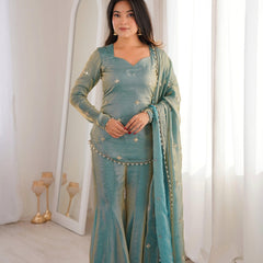 Women's Embroidered Fandy Silk Short Kurta With Pant & Dupatta Set