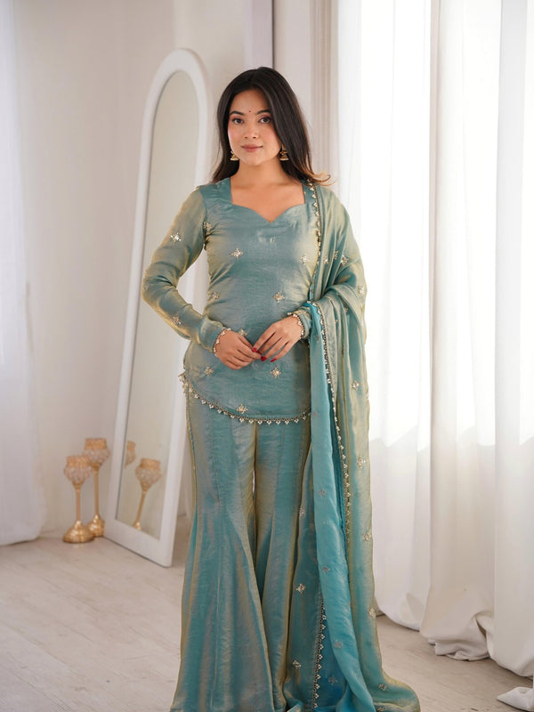 Women's Embroidered Fandy Silk Short Kurta With Pant & Dupatta Set