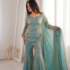 Women's Embroidered Fandy Silk Short Kurta With Pant & Dupatta Set