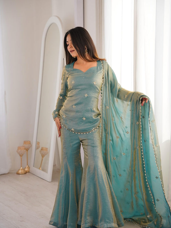 Women's Embroidered Fandy Silk Short Kurta With Pant & Dupatta Set