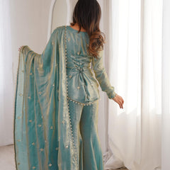 Women's Embroidered Fandy Silk Short Kurta With Pant & Dupatta Set
