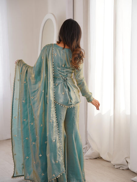 Women's Embroidered Fandy Silk Short Kurta With Pant & Dupatta Set