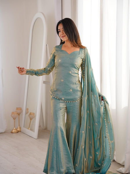 Women's Embroidered Fandy Silk Short Kurta With Pant & Dupatta Set