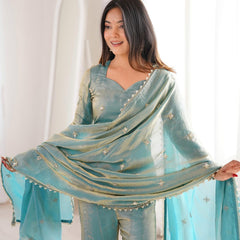 Women's Embroidered Fandy Silk Short Kurta With Pant & Dupatta Set