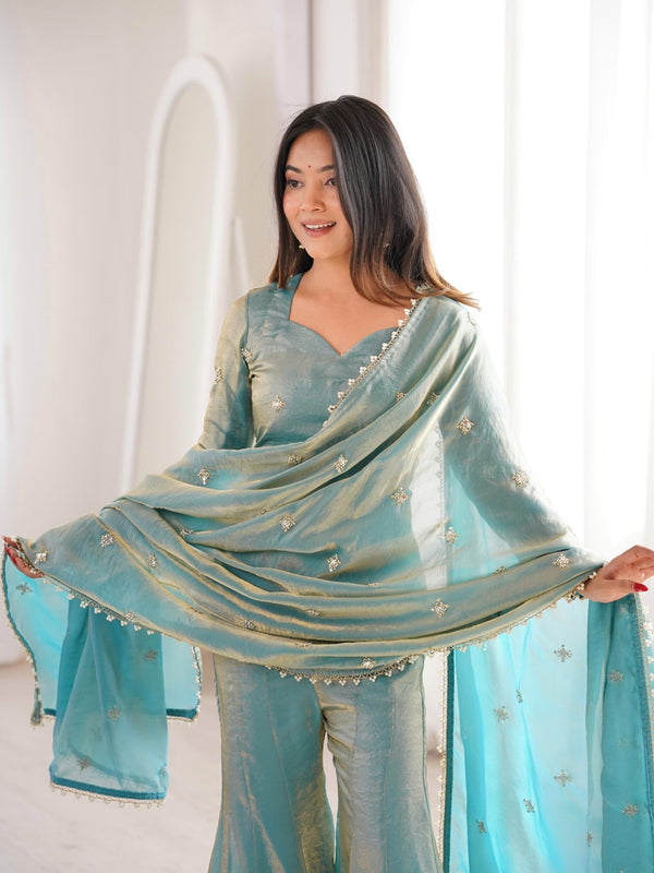 Women's Embroidered Fandy Silk Short Kurta With Pant & Dupatta Set