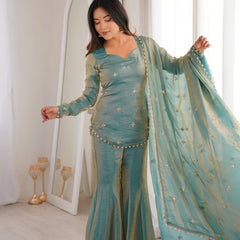 Women's Embroidered Fandy Silk Short Kurta With Pant & Dupatta Set