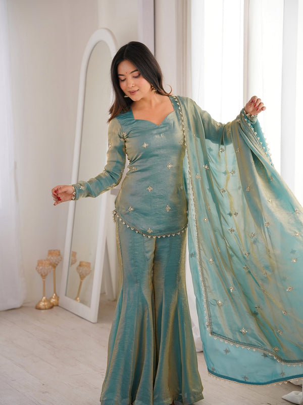 Women's Embroidered Fandy Silk Short Kurta With Pant & Dupatta Set