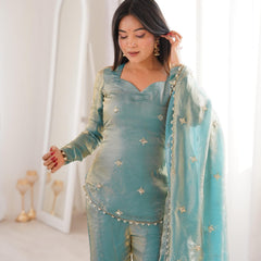 Women's Embroidered Fandy Silk Short Kurta With Pant & Dupatta Set