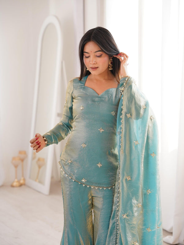 Women's Embroidered Fandy Silk Short Kurta With Pant & Dupatta Set